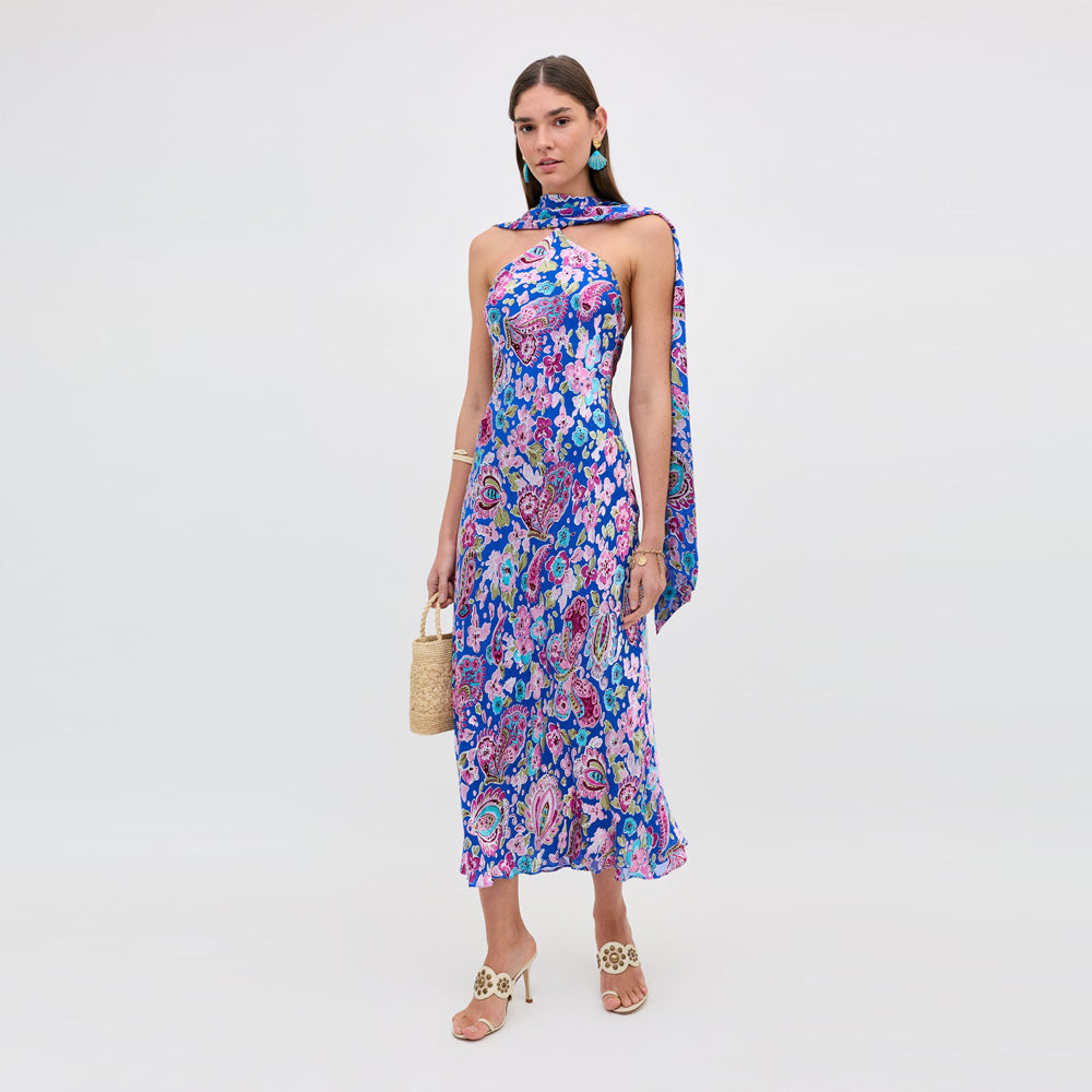 Hayley Silk-Satin Midi Dress - Cara Floral Devore Blue