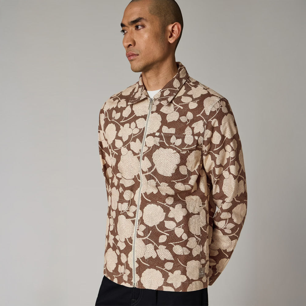 Perforated Floral Cotton Zip Jacket - Brown