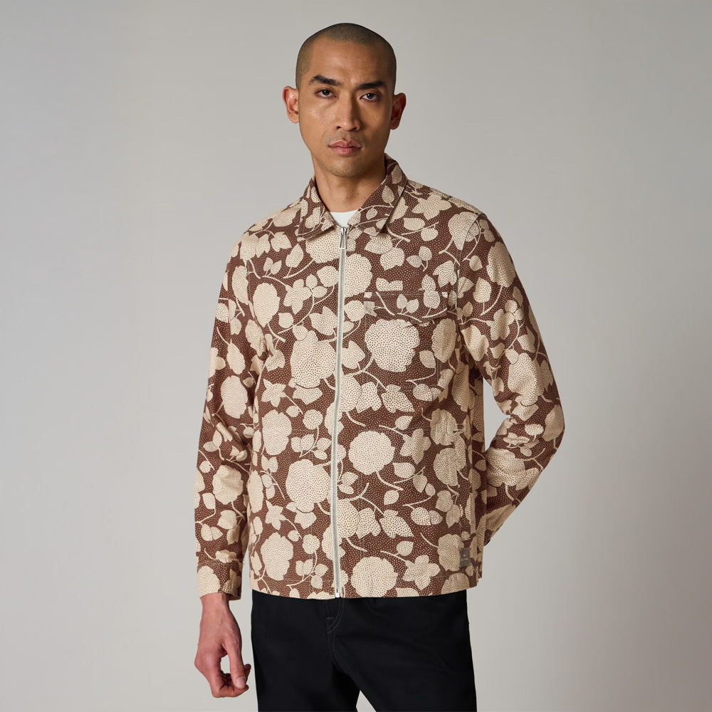 Perforated Floral Cotton Zip Jacket - Brown