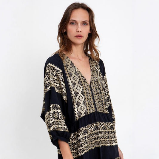 Classic Triangle Balloon Sleeves Maxi Dress - Black/Gold