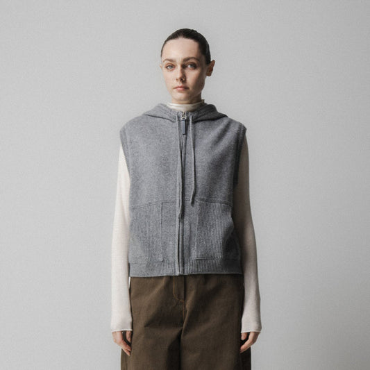 Hooded Zip Up Knit Vest - Charcoal