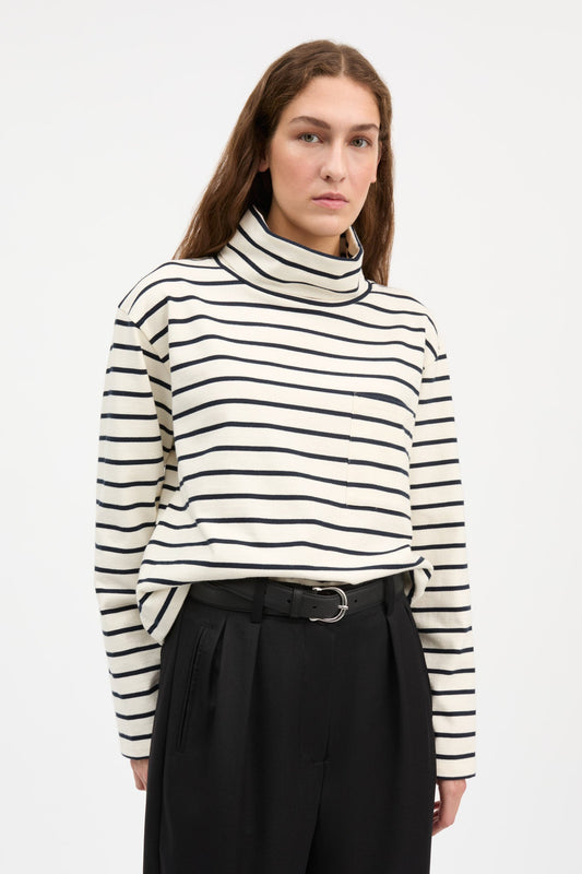 Nessa T-Neck Blouse - Ecru / Navy Stripe