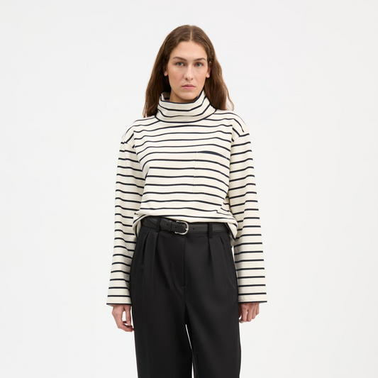 Nessa T-Neck Blouse - Ecru / Navy Stripe