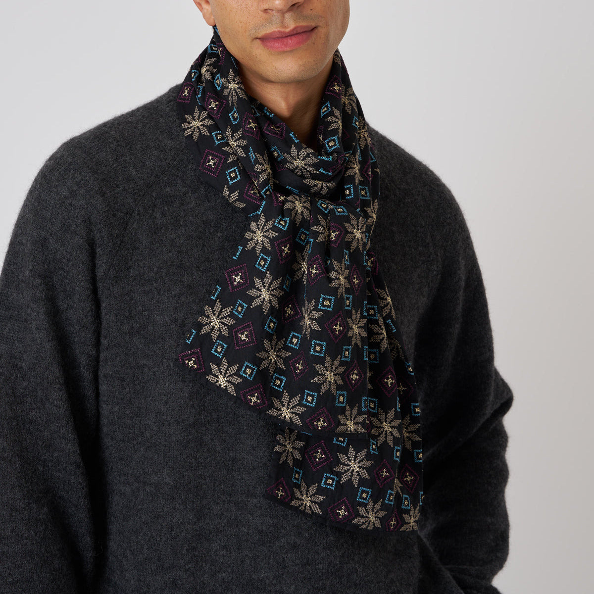 Embroidery Cotton Satin Scarf - Black