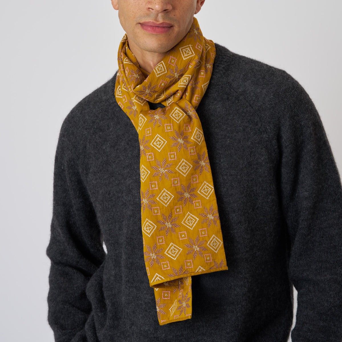 Embroidery Cotton Satin Scarf - Mustard