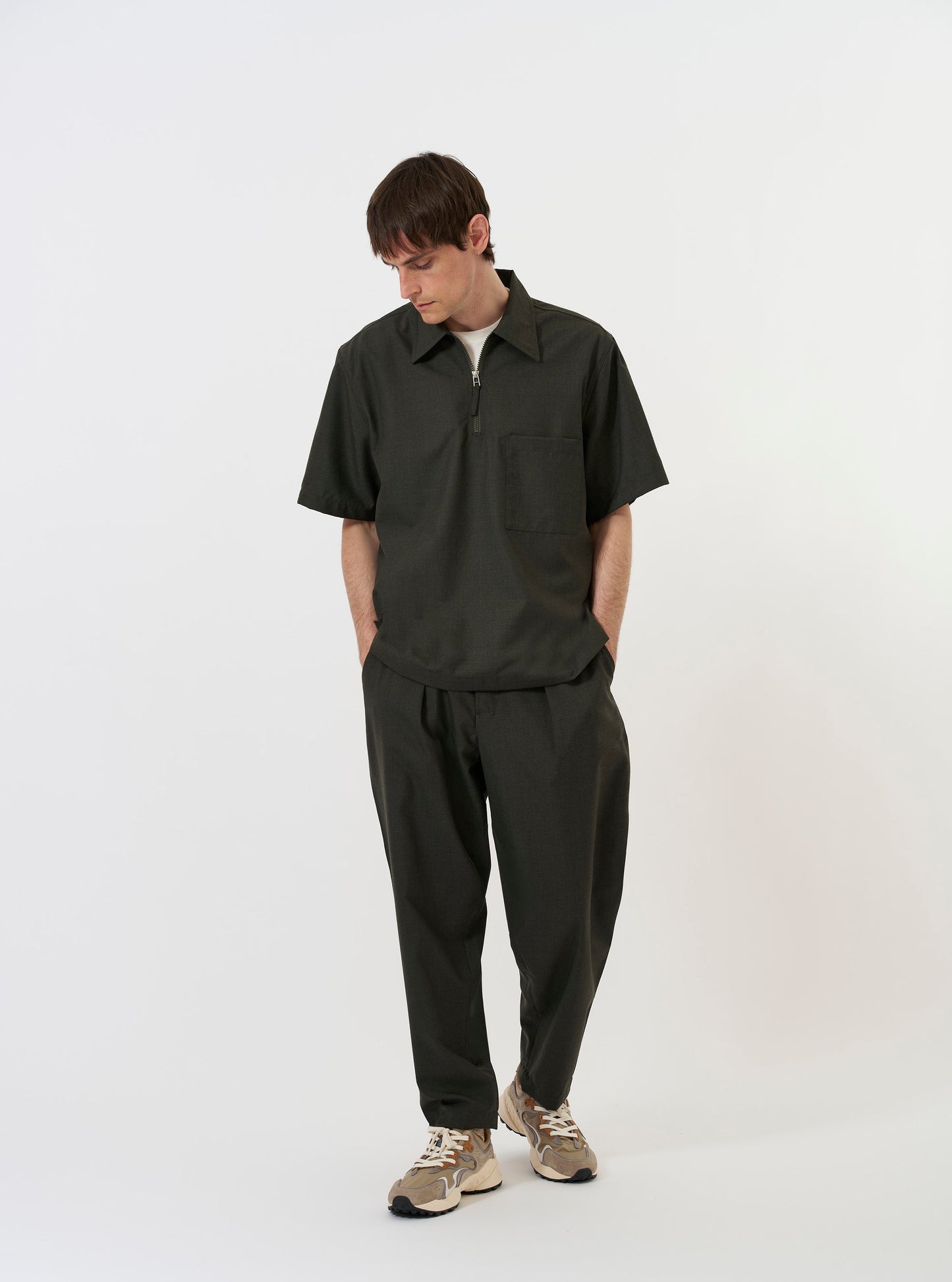 Tropical Suiting Ewan Shirt - Olive Marl
