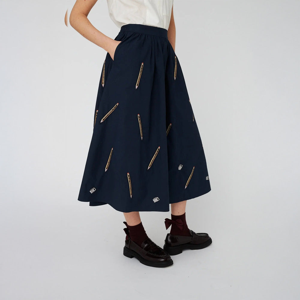 Embroidered Cotton Midi Skirt - Navy