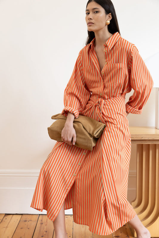 Lina Tie Front Shirt Dress - Orange Sand