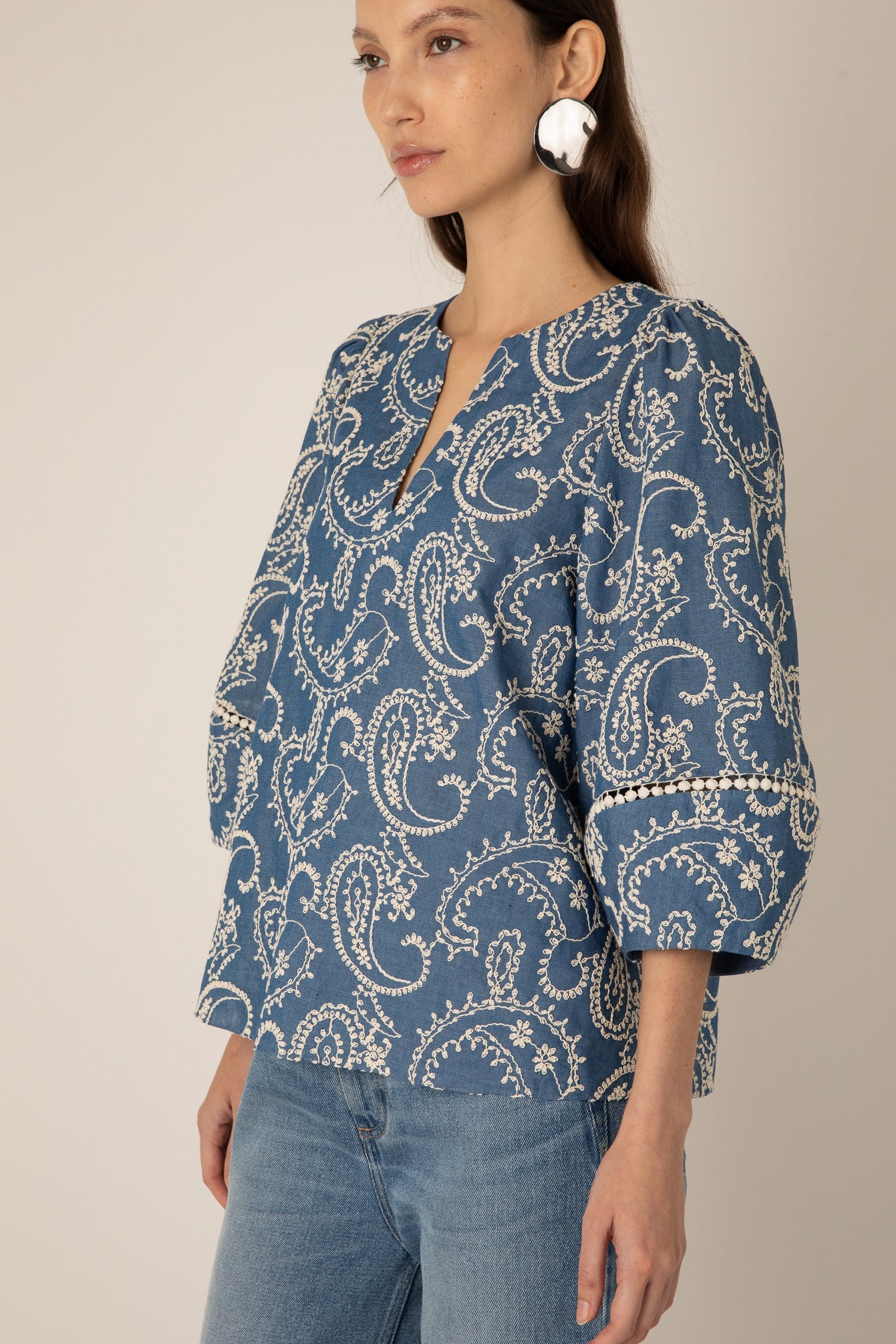 Manuela Embroidered Chambray Top - Blue