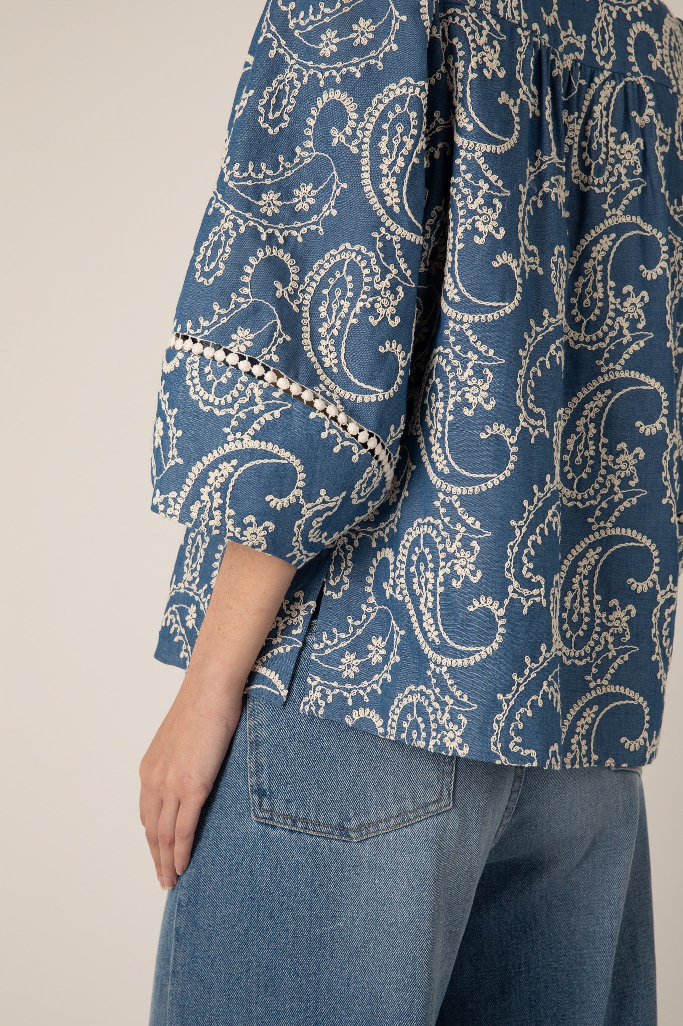 Manuela Embroidered Chambray Top - Blue