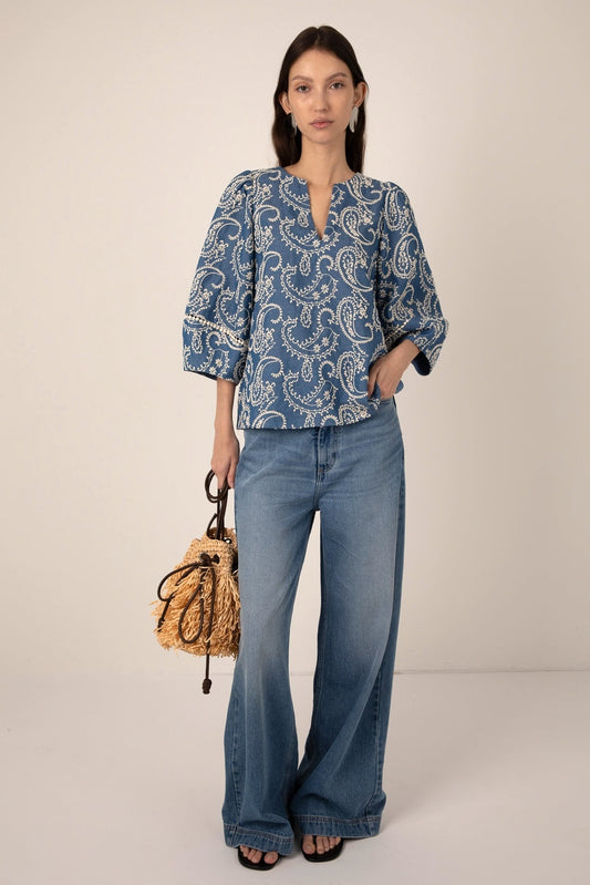 Manuela Embroidered Chambray Top - Blue