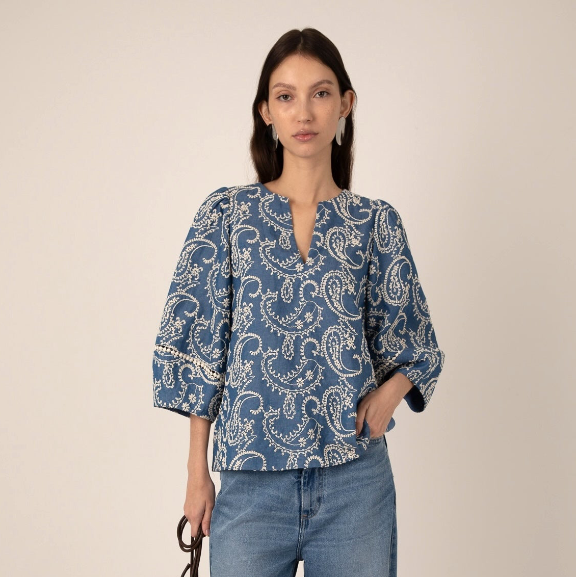 Manuela Embroidered Chambray Top - Blue