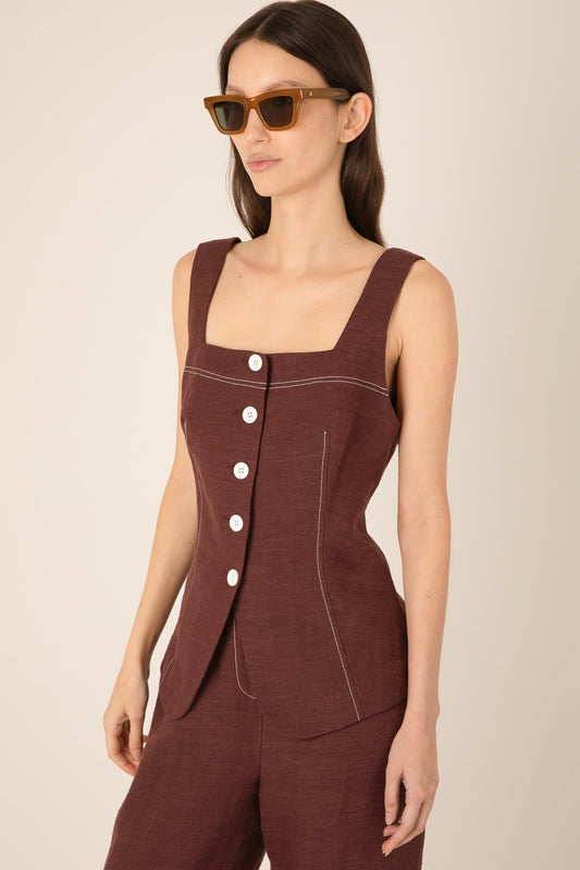 Carine Linen Button Top - Brown