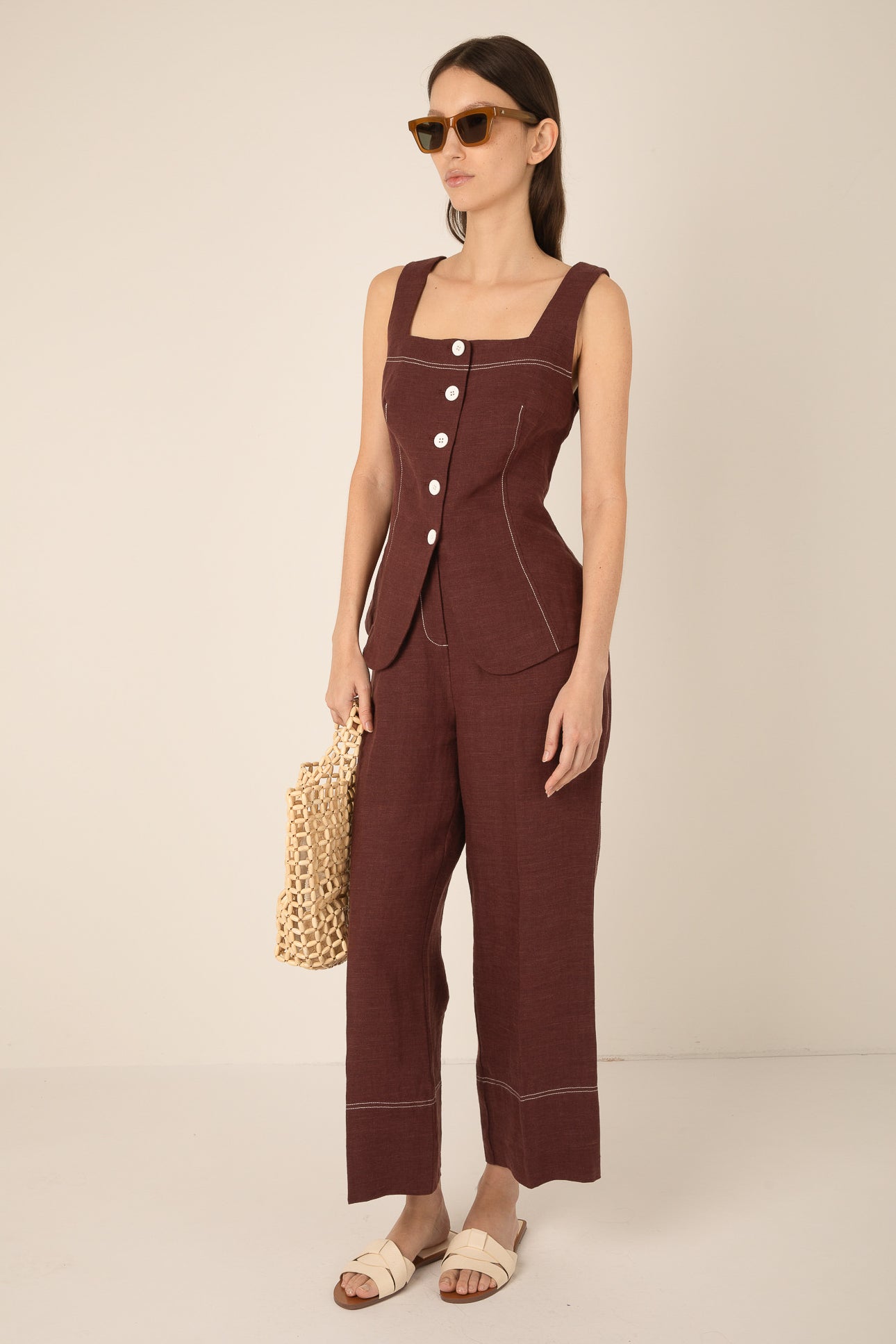 Carine Linen Button Top - Brown