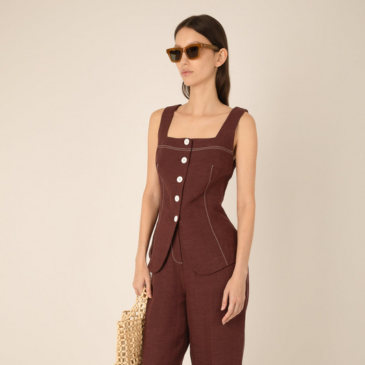 Carine Linen Button Top - Brown