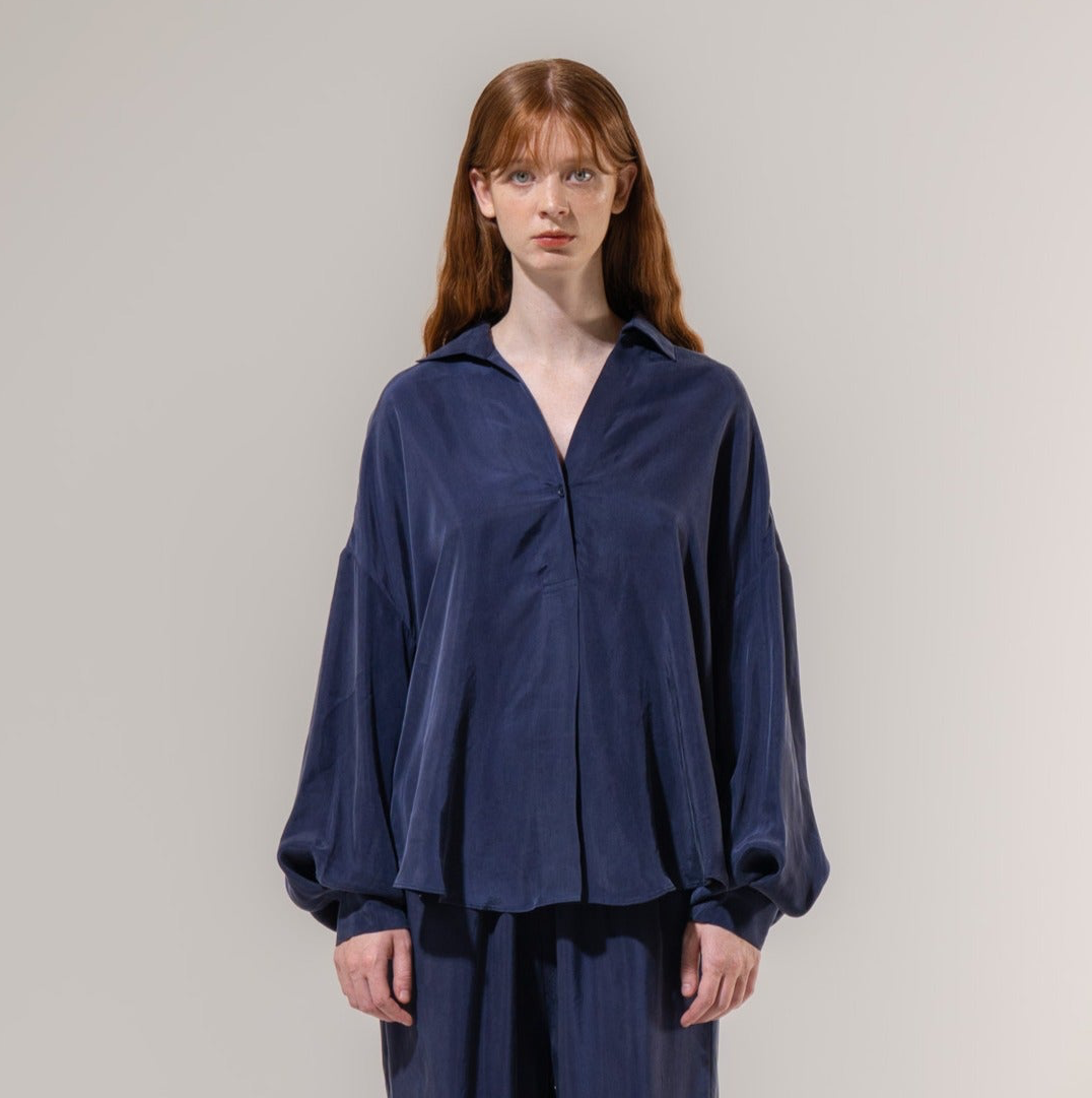 Curved Hem Blouse - Navy