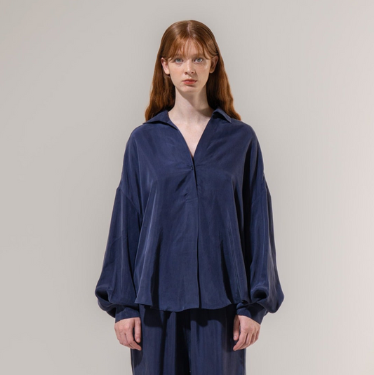 Curved Hem Blouse - Navy
