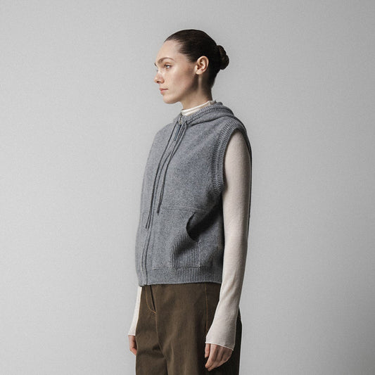Hooded Zip Up Knit Vest - Charcoal