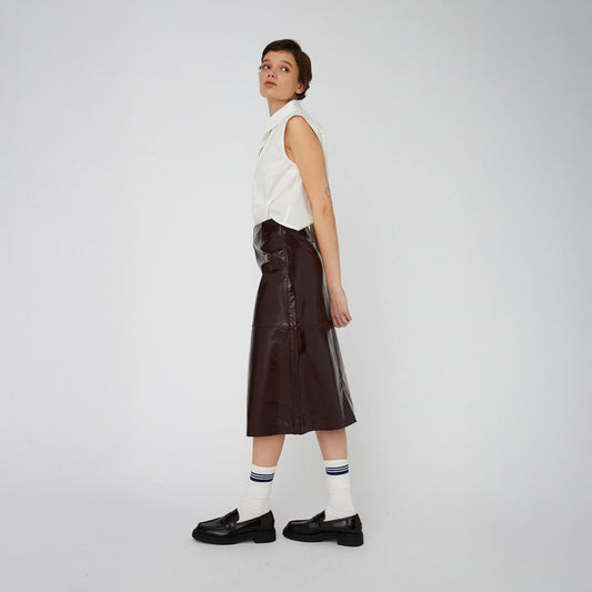 Leather Midi Skirt - Brownish Red