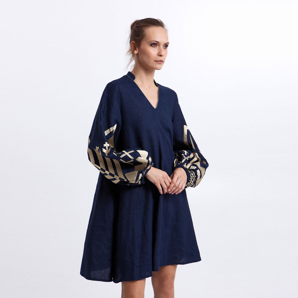 Mini Feather V Neck Long Sleeve Dress - Blue Navy/Gold