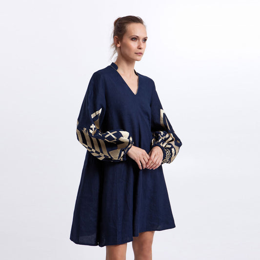 Mini Feather V Neck Long Sleeve Dress - Blue Navy/Gold