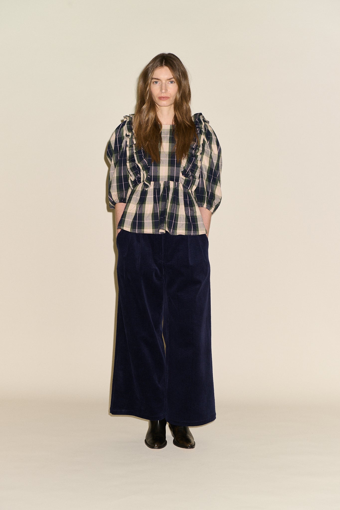 Beatrice Check Frill Blouse - Navy/Green