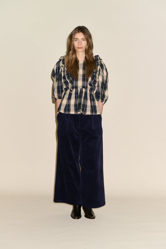 Beatrice Check Frill Blouse - Navy/Green