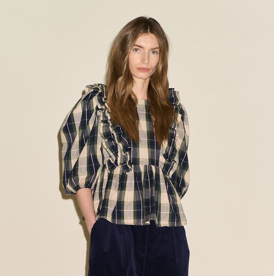 SAMDI Beatrice Check Frill Blouse - Navy/Green