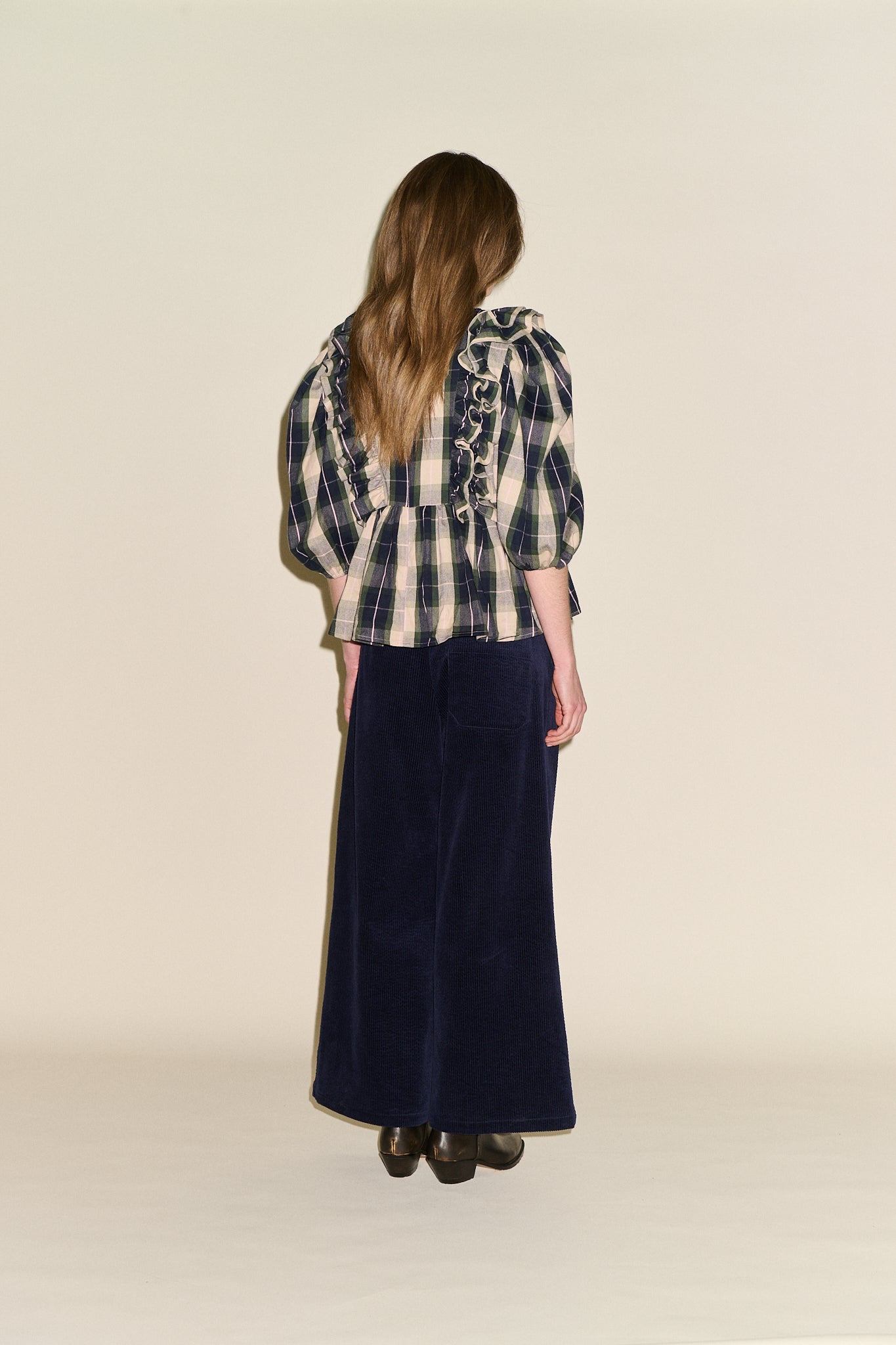 Beatrice Check Frill Blouse - Navy/Green