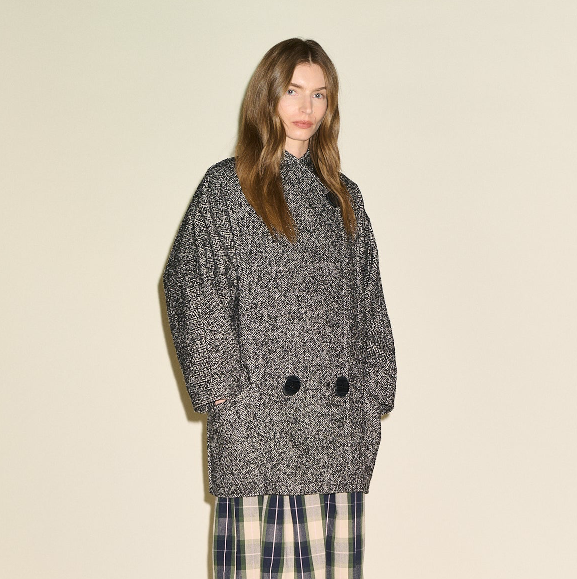 SAMDI Camille Herringbone Coat - Black