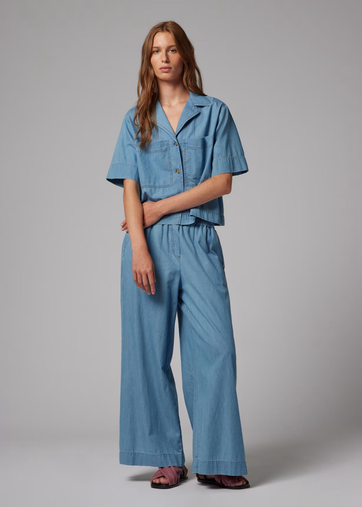Chambray Wide-Leg Cropped Trousers - Blue