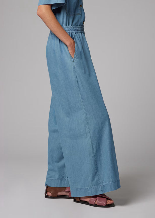 Chambray Wide-Leg Cropped Trousers - Blue