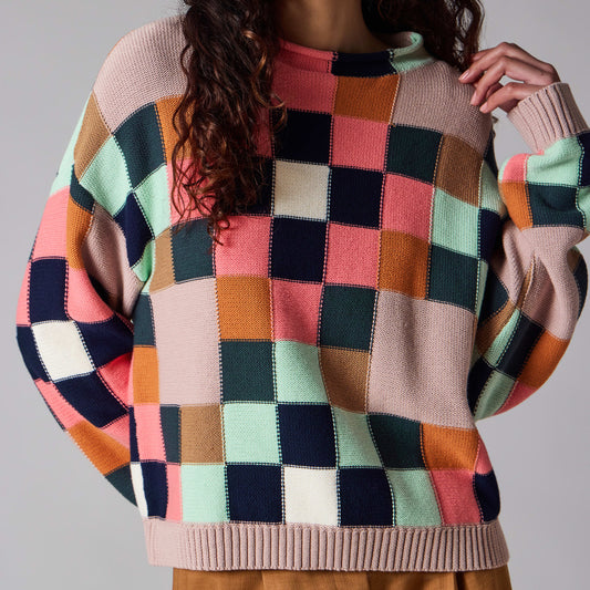 Geometric Square Knitted Sweater - Rust Orange