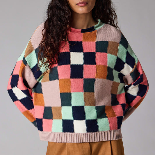 Geometric Square Knitted Sweater - Rust Orange