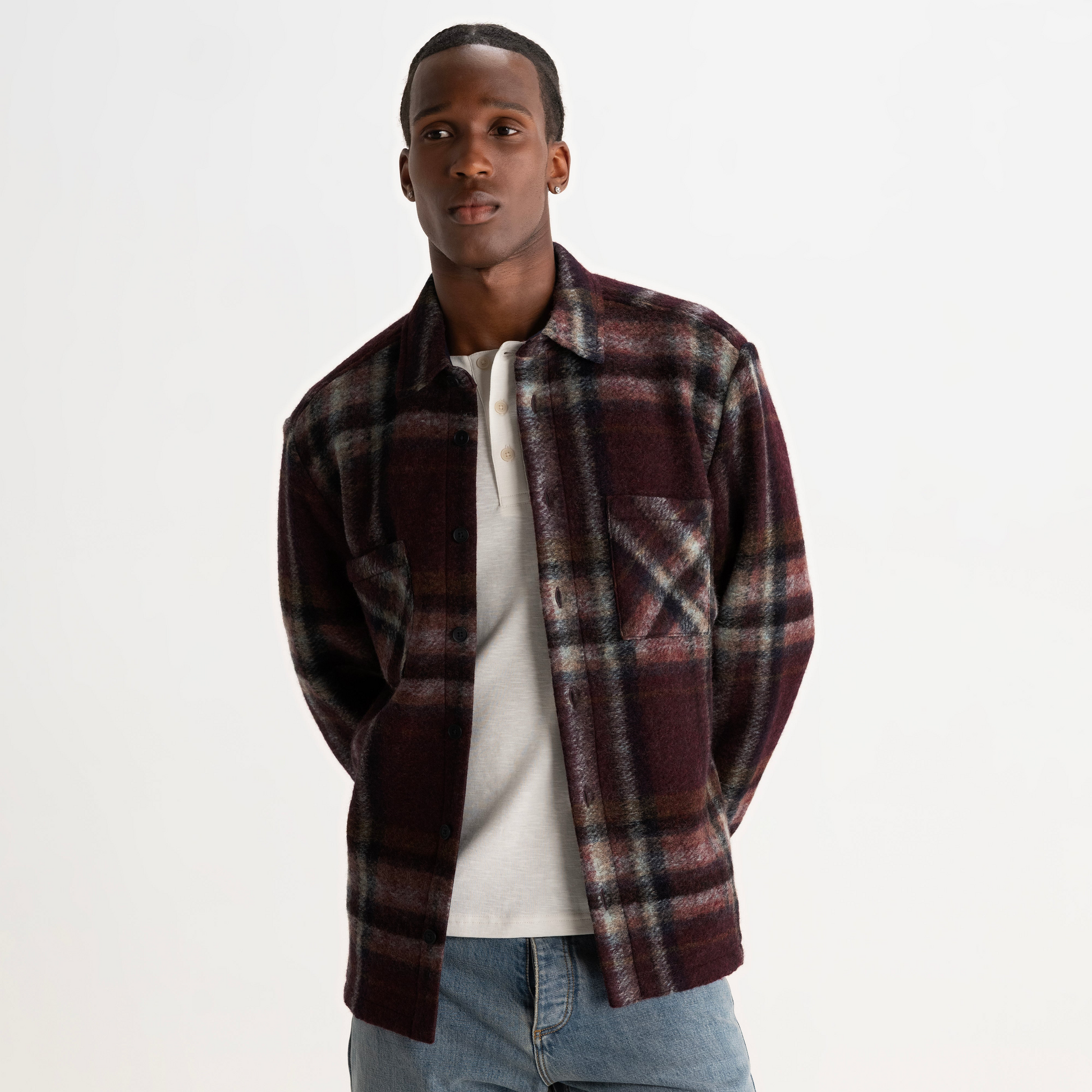 Wax Whiting Overshirt Lex Wool Blend Check - Burgundy / Multi
