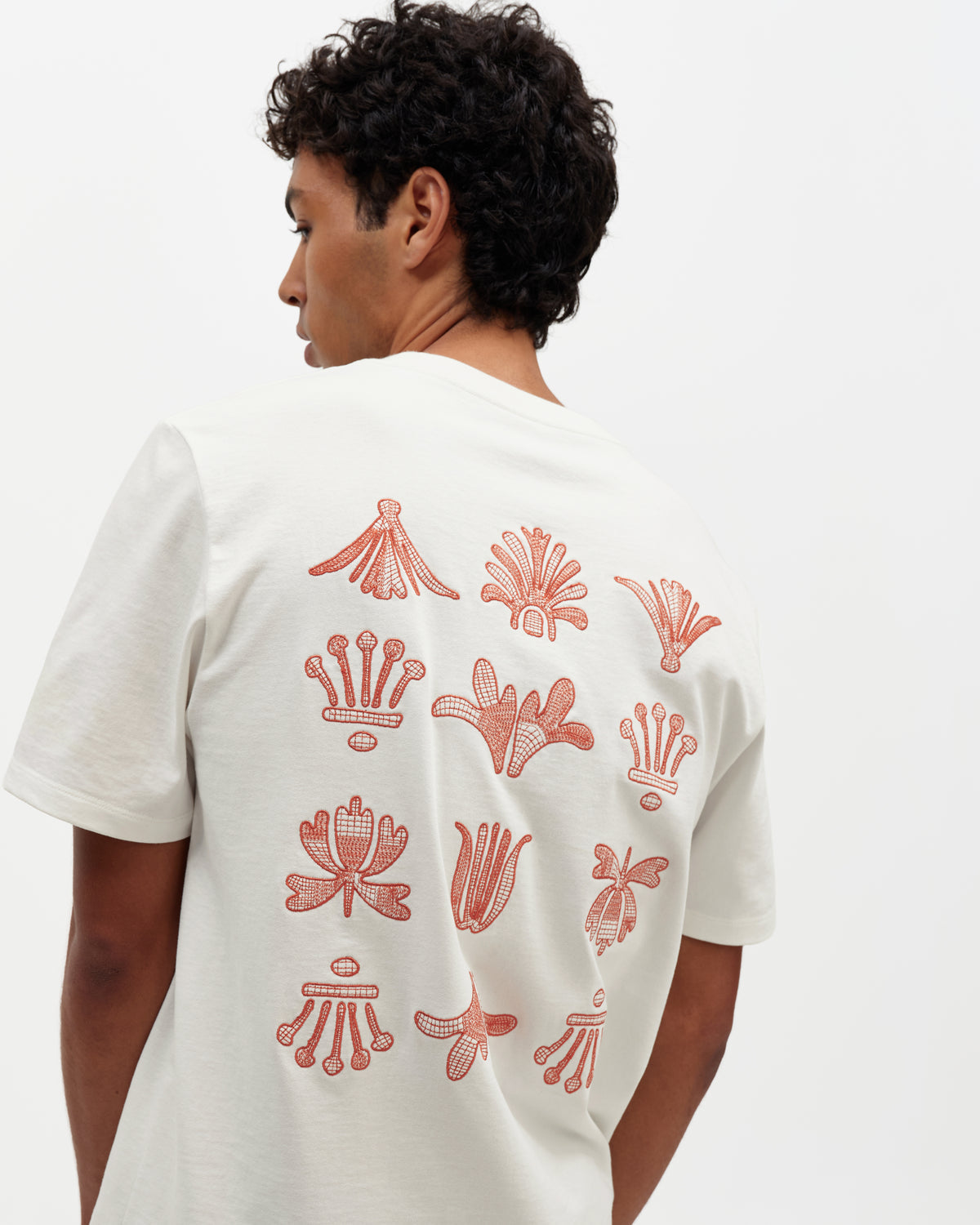 Wax Dean Grid Embroidered T-Shirt - Ecru And Rust