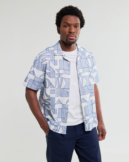 Didcot Geometric Embroidered Short-Sleeve Shirt - Ecru / Blue