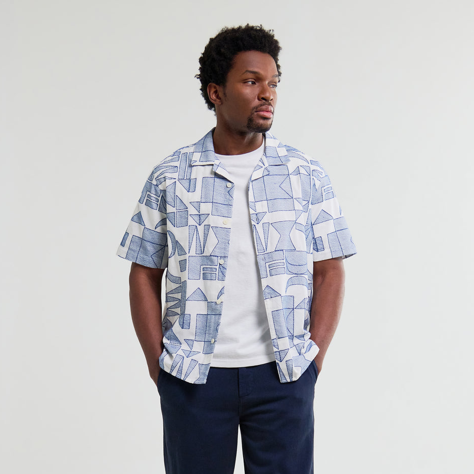 Didcot Geometric Embroidered Short-Sleeve Shirt - Ecru / Blue