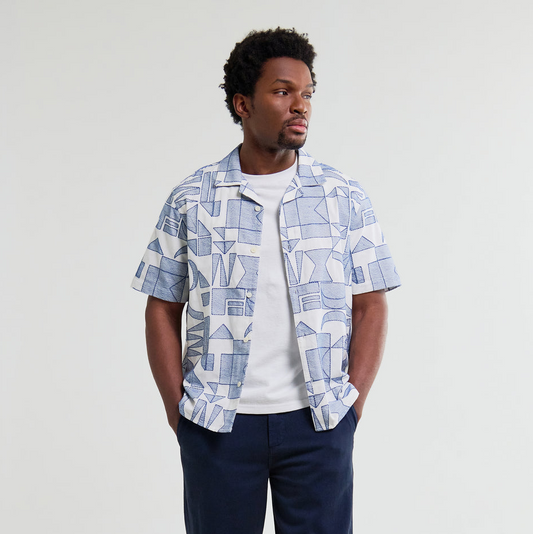 Didcot Geometric Embroidered Short-Sleeve Shirt - Ecru / Blue
