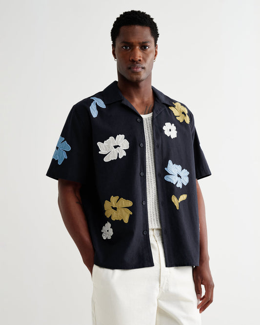 Didcot Floral Applique Short-Sleeve Shirt - Navy / Multicolour