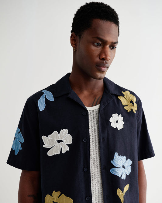 Didcot Floral Applique Short-Sleeve Shirt - Navy / Multicolour