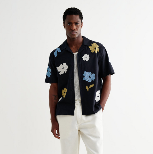 Didcot Floral Applique Short-Sleeve Shirt - Navy / Multicolour