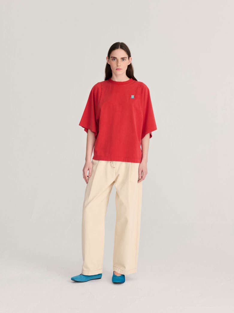 Monster Mug Embroidery Relaxed T-Shirt - Red