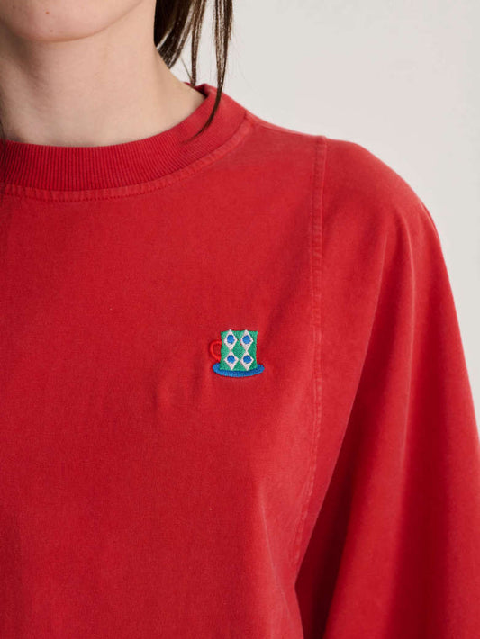 Monster Mug Embroidery Relaxed T-Shirt - Red