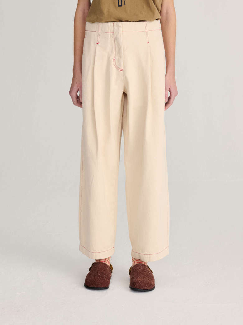 Ecru Twill Pleated Barrel Pants - Off White