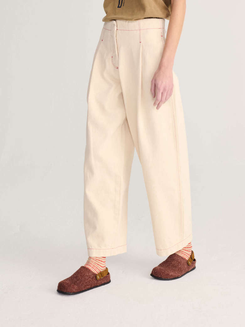 Ecru Twill Pleated Barrel Pants - Off White