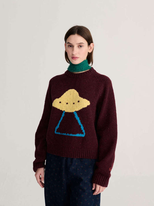 Pixel Abduction Jacquard Wool Blend Jumper - Burgundy
