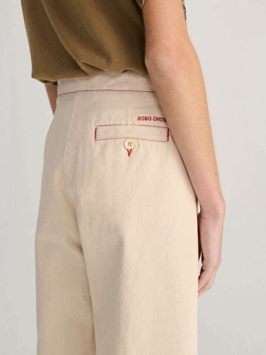 Ecru Twill Pleated Barrel Pants - Off White