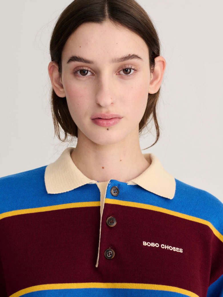 Striped Cotton Polo Jumper - Blue