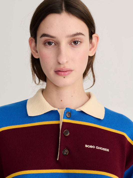 Striped Cotton Polo Jumper - Blue